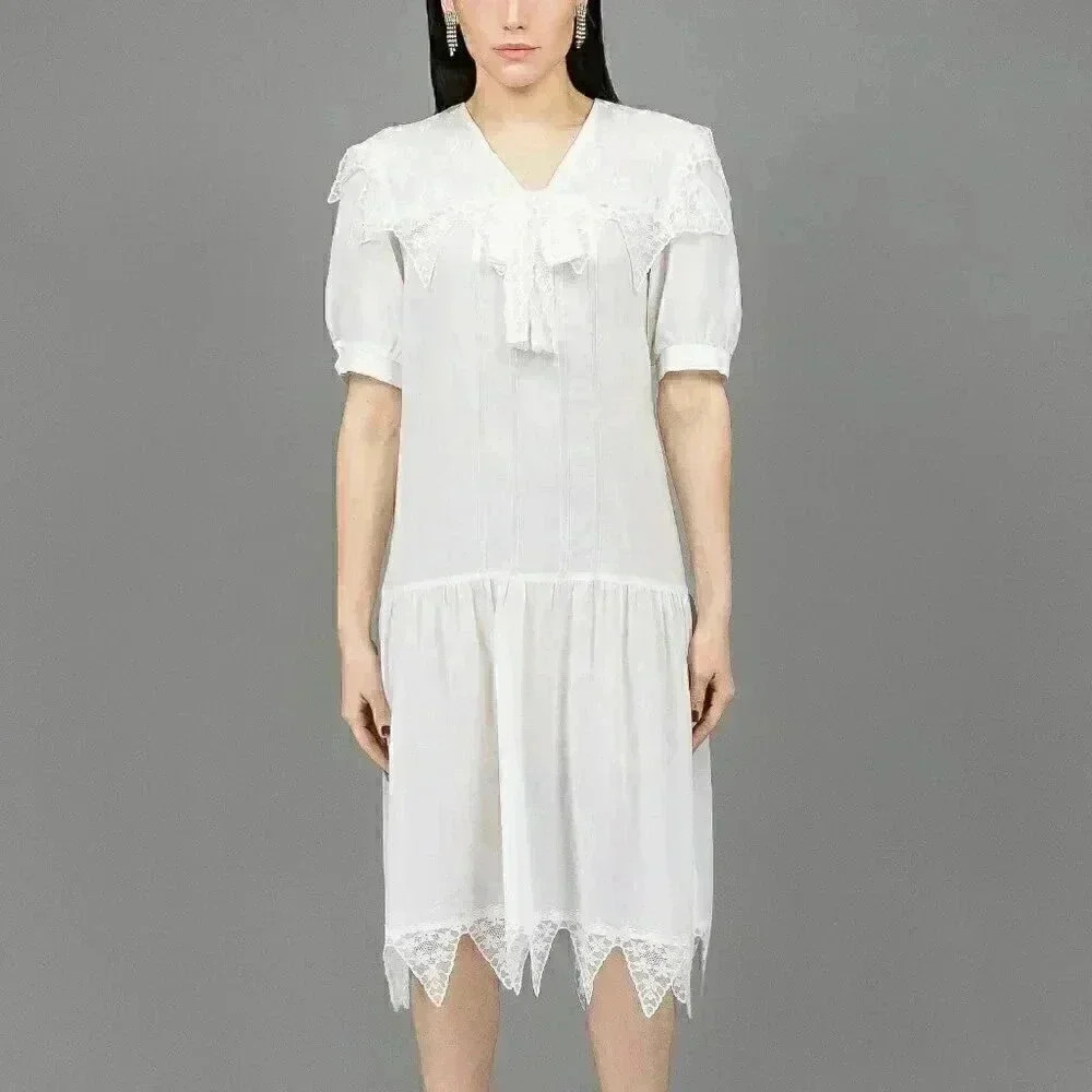 Vintage White Sailor Wedding Midi Dress Puff Sleeve Drop Waist Summer Lace Dress